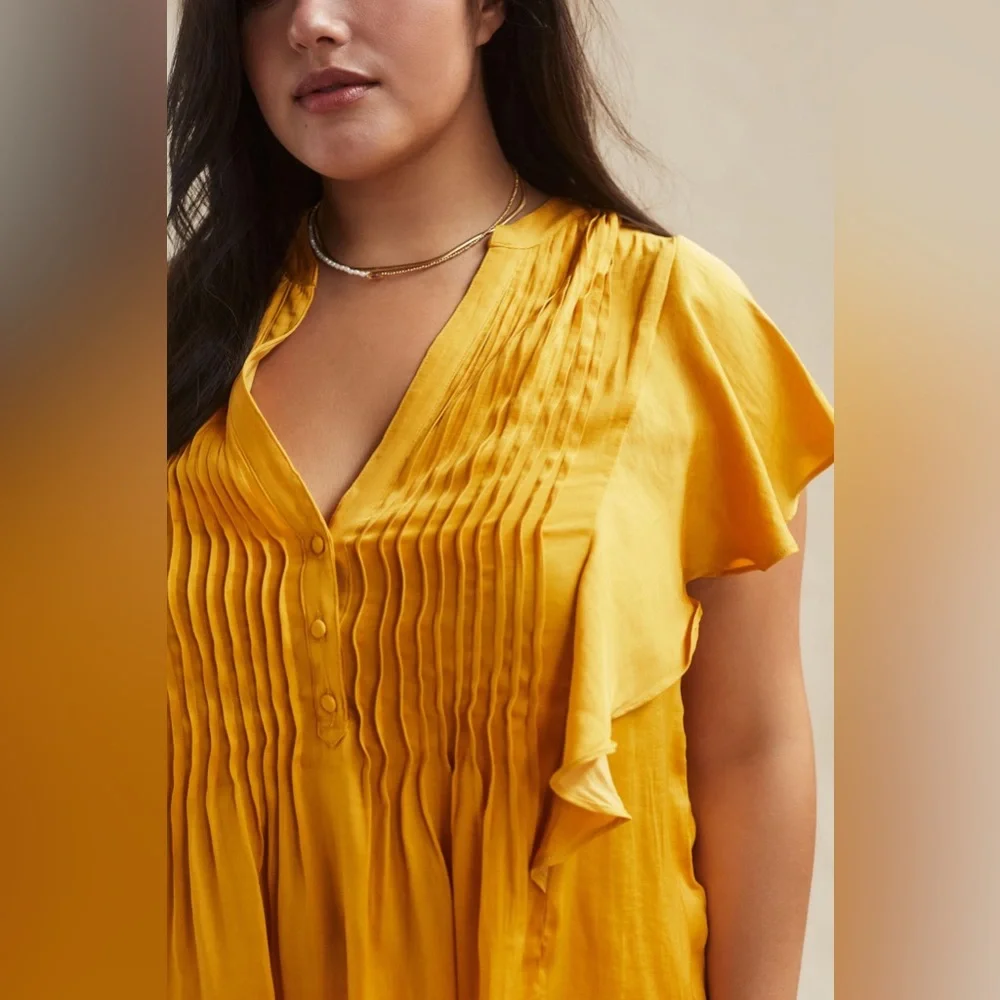 ✨ Anthropologie Ruffled Pintucked Blouse Sz MP - Picture 6 of 8